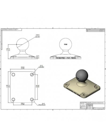 RAMC202U225 - Base Rectángular de 4 orificios a 1,5" x 2 " Bola de D/2,25"